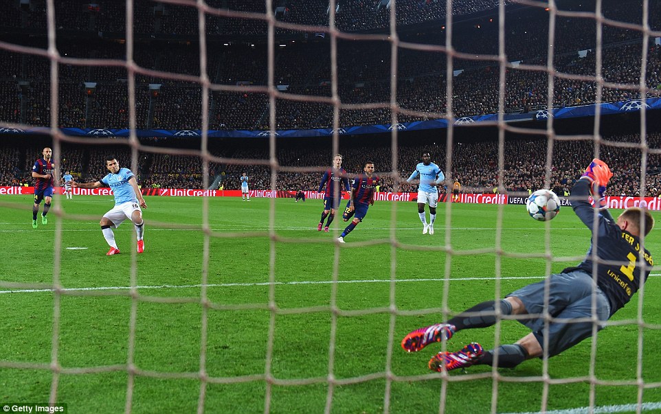 Sergio Aguero wasted a great opportunity to restore parity to the game but saw his penalty saved by Marc Andre Ter-Stegen