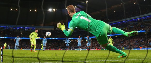 Joe Hart made a great save from a 93rd minute Lionel Messi penalty to keep the Citizens Champions League hopes alive