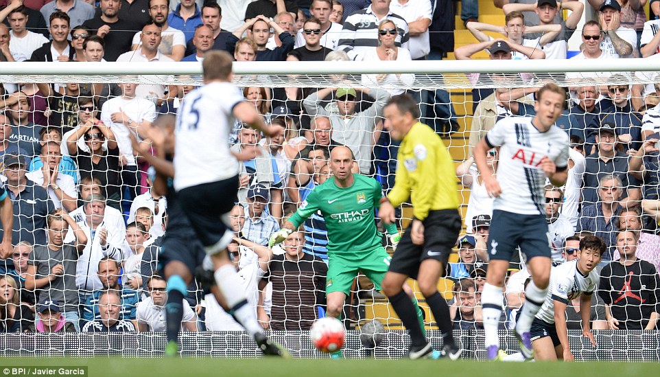 Eric Dier lashes home Tottenham's equaliser past Caballero in the City goal right on the stroke of half time