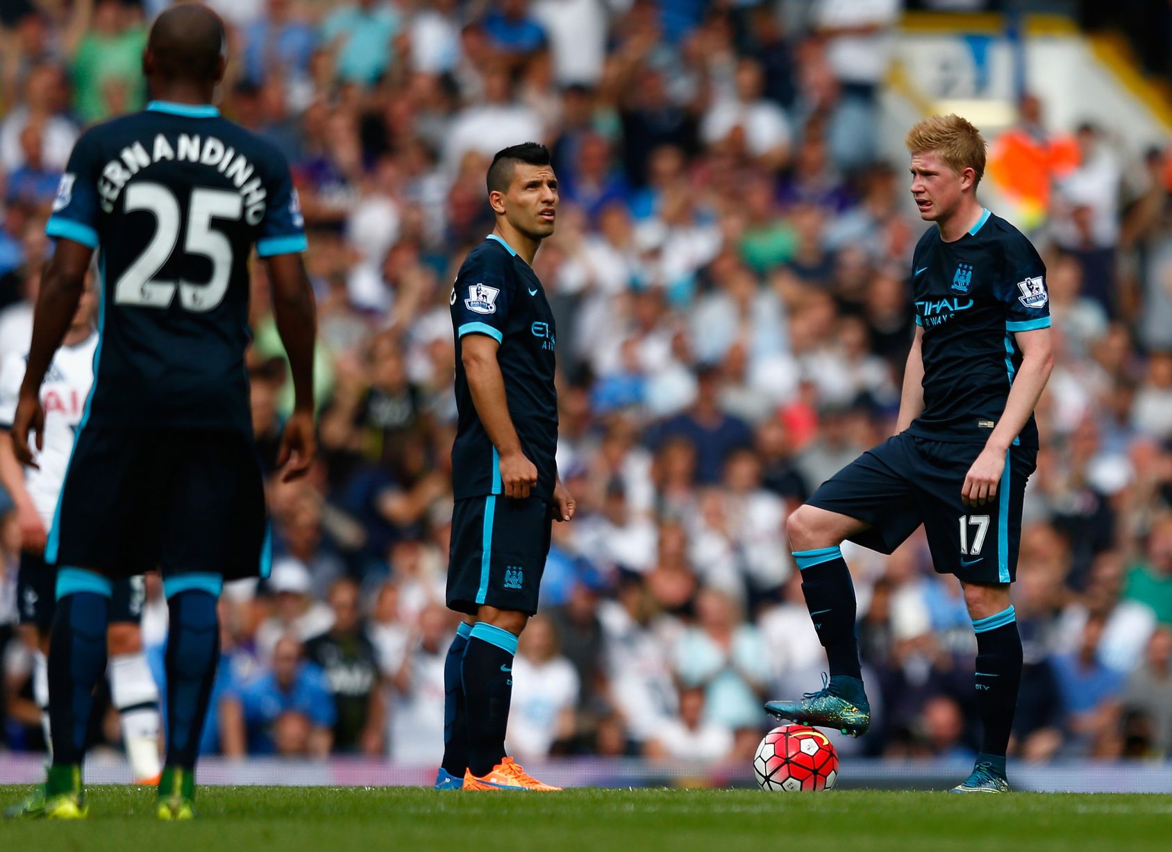 City's superstars look distraught as they get ready to start the game once again following a Spurs goal