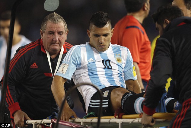 Argentina forward Sergio Aguero is stretchered off during his side's FIFA World Cup Qualifier against Ecuador